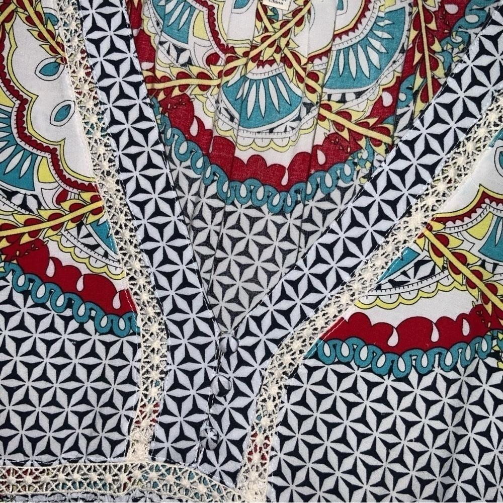 Umgee Medallion Tribal Print 3/4 Ruffle Sleeve Boho Dress Navy White Cream Aqua - Picture 4 of 7